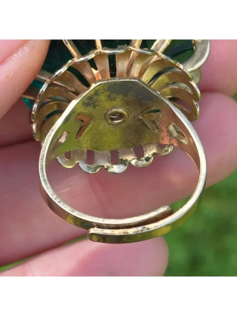 MCM Cocktail Ring Faceted Emerald-Green Crystal Gold-Tone Open-Work Statement